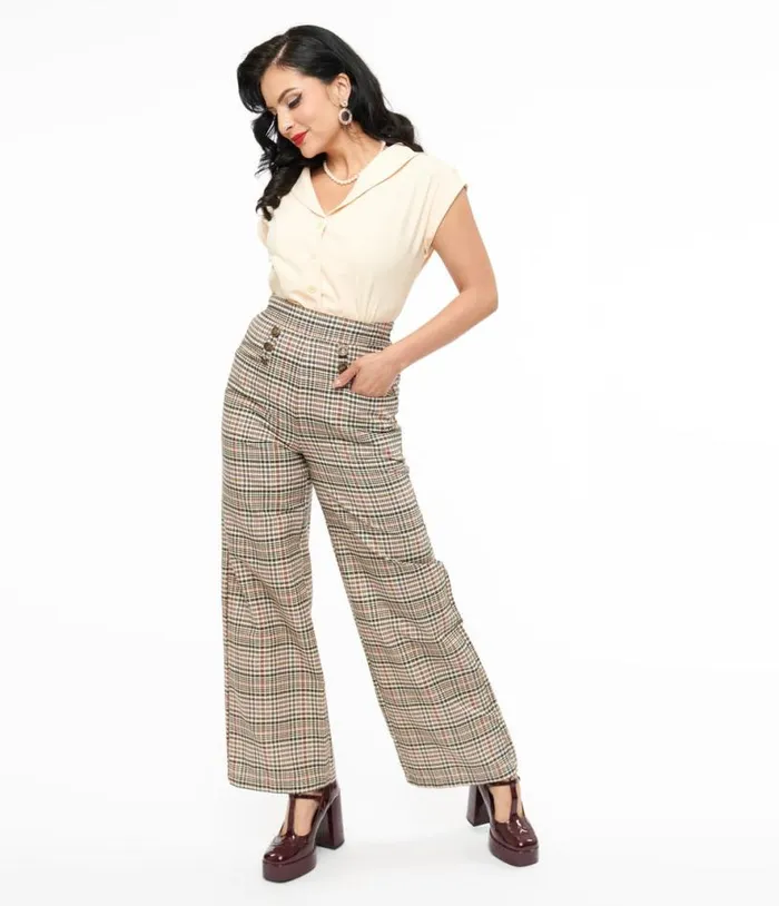 1940s Beige Plaid High Waist Sailor Ginger Pants Clothing Unique Vintage Pants 1940s Beige Plaid High Waist Sailor Ginger Pants Clothing Unique Vintage Pants