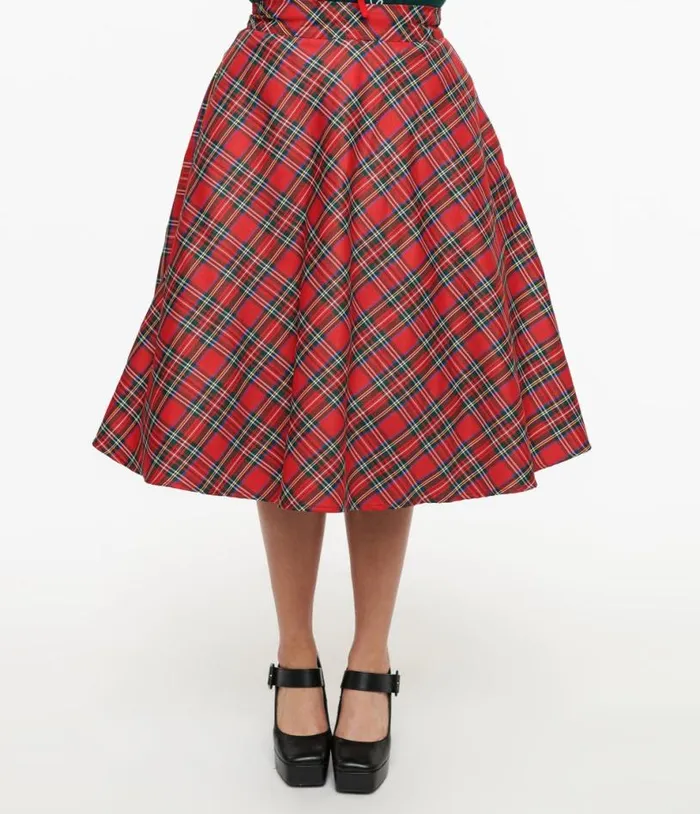 1950s Red Plaid High Waist Vivien Swing Skirt Clothing Unique Vintage Skirts