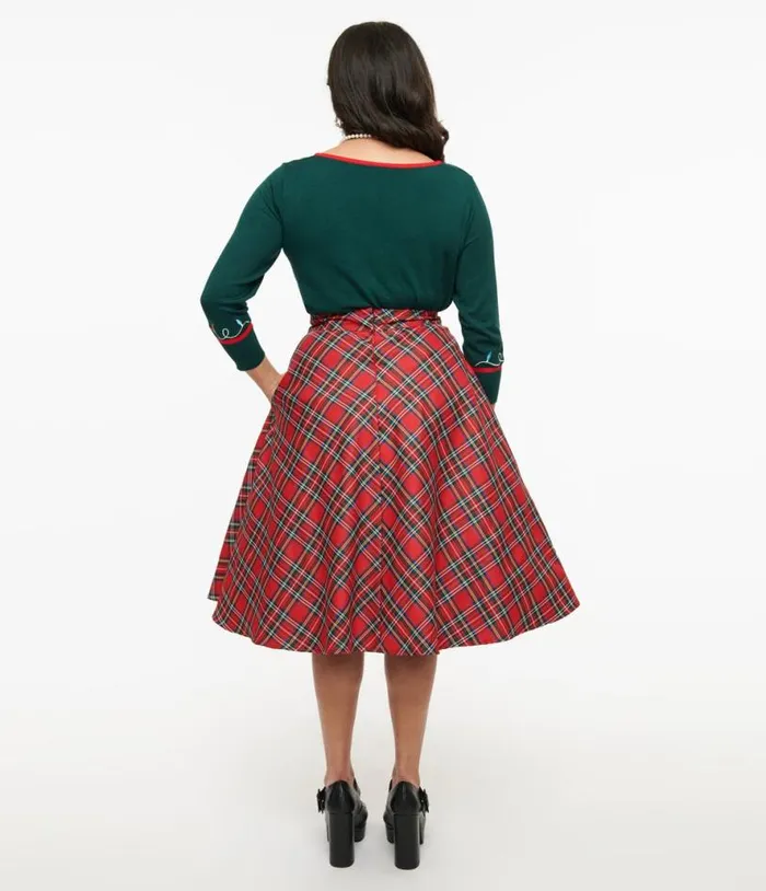 1950s Red Plaid High Waist Vivien Swing Skirt Clothing Unique Vintage Skirts