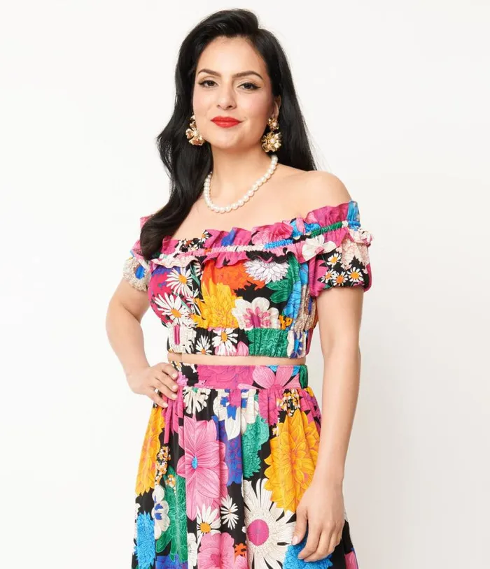 1970s Black and Pink Floral Off Ruffle Up Crop Top Clothing Unique Vintage Blouses