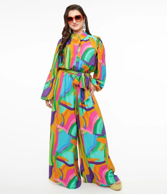 1970s Rainbow Geometric Long Sleeve Jumpsuit ClothingPlus Unique Vintage Rompers and Jumpsuits