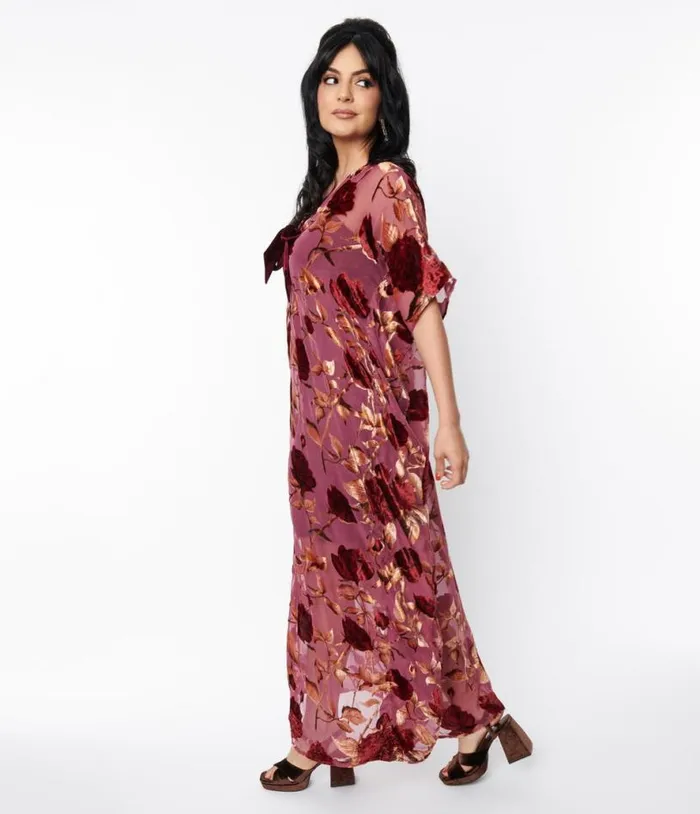 1970s Sheer Red Rose Velvet Burnout Bow Front Caftan DressesPlus Unique Vintage Maxi