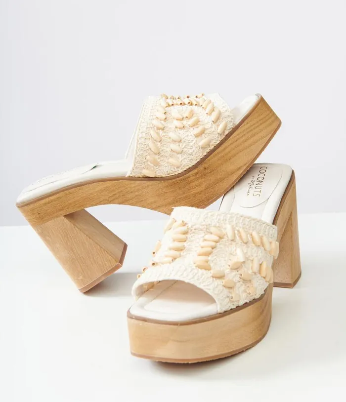 1970s White Beaded Crochet Glenn Platform Heels Shoes Unique Vintage Heels