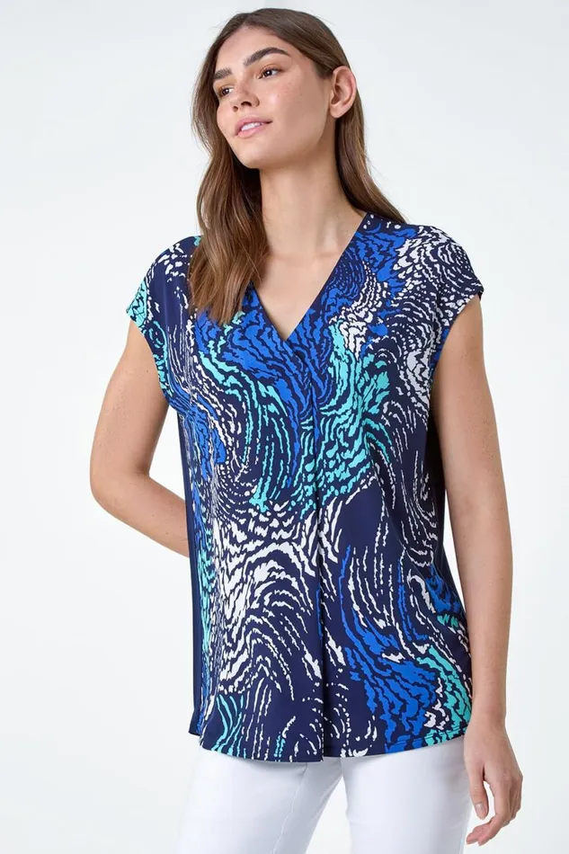 Abstract Wave Print VNeck Stretch Top Women Roman Tops