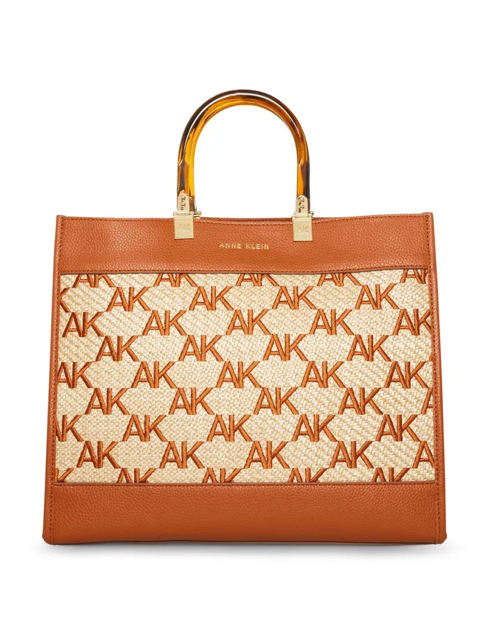 Anne Klein Large Tote In Embroidered AK Straw Saddlenatural Women Handbags