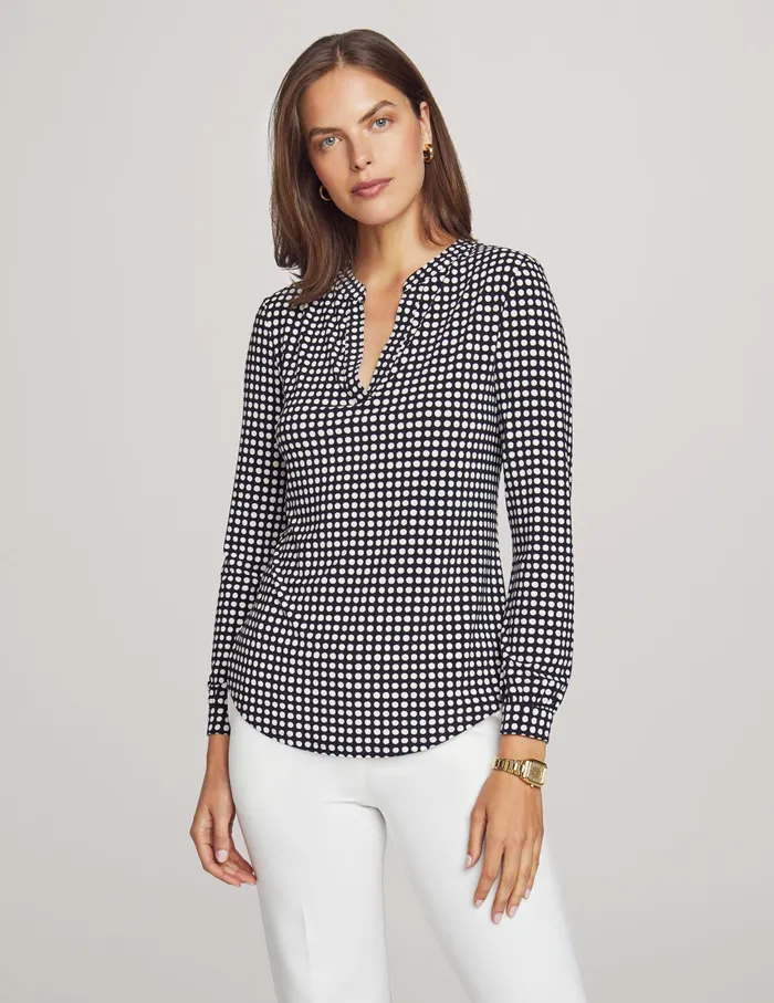 Anne Klein Pearly Dot Long Sleeve Split Neck Blouse Anne Black Women Clothing