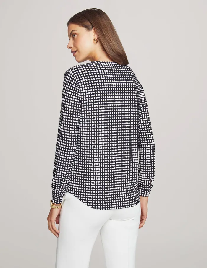 Anne Klein Pearly Dot Long Sleeve Split Neck Blouse Anne Black Women Clothing