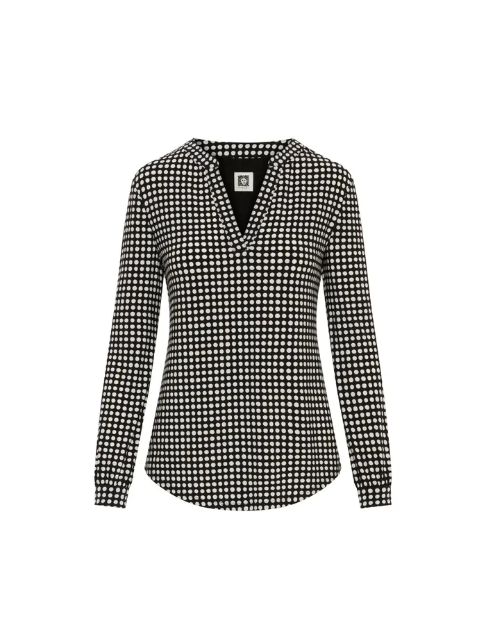 Anne Klein Pearly Dot Long Sleeve Split Neck Blouse Anne Black Women Clothing
