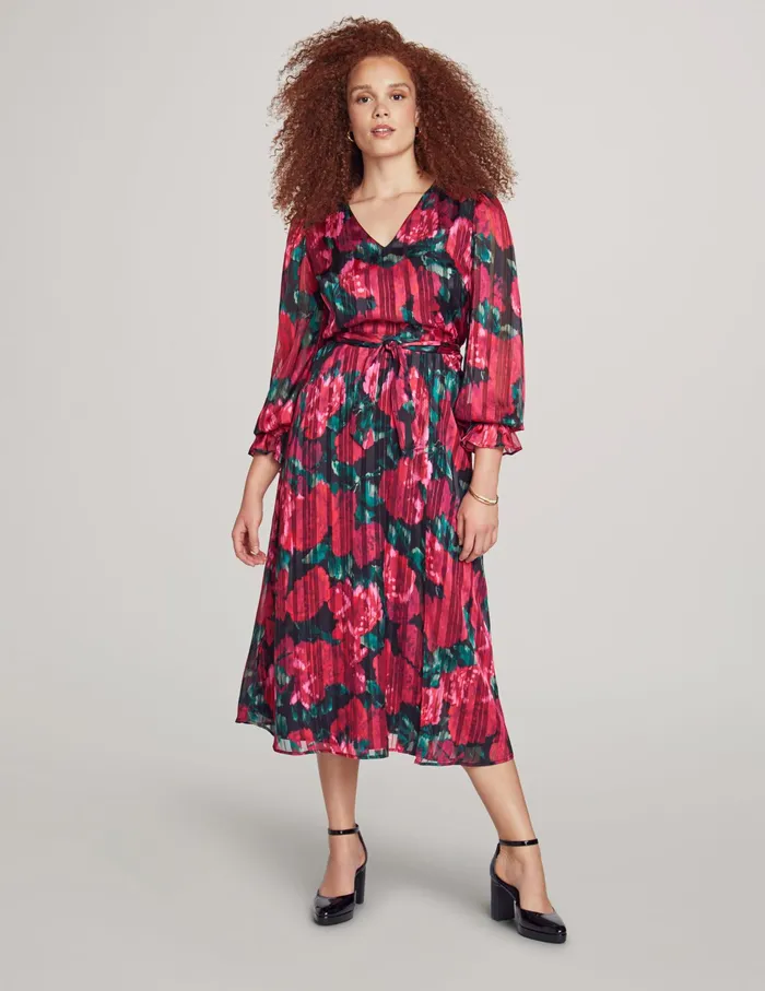 Anne Klein Ruched Sleeve VNeck Midi Dress Titian Red Multi Women Clothing