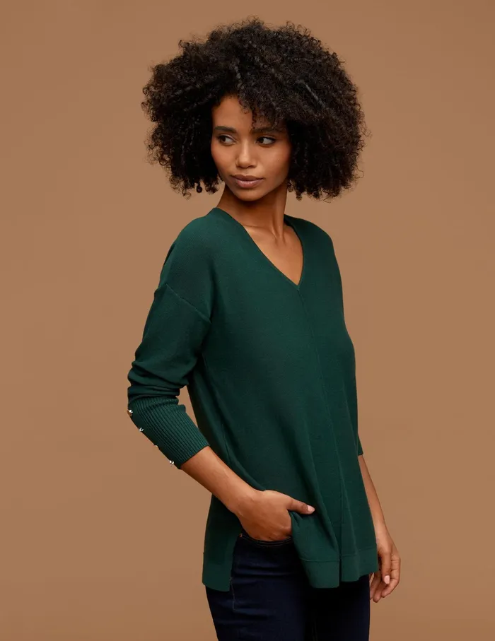 Anne Klein V Neck Long Sleeve With Buttons Pine Forest Women Clothing