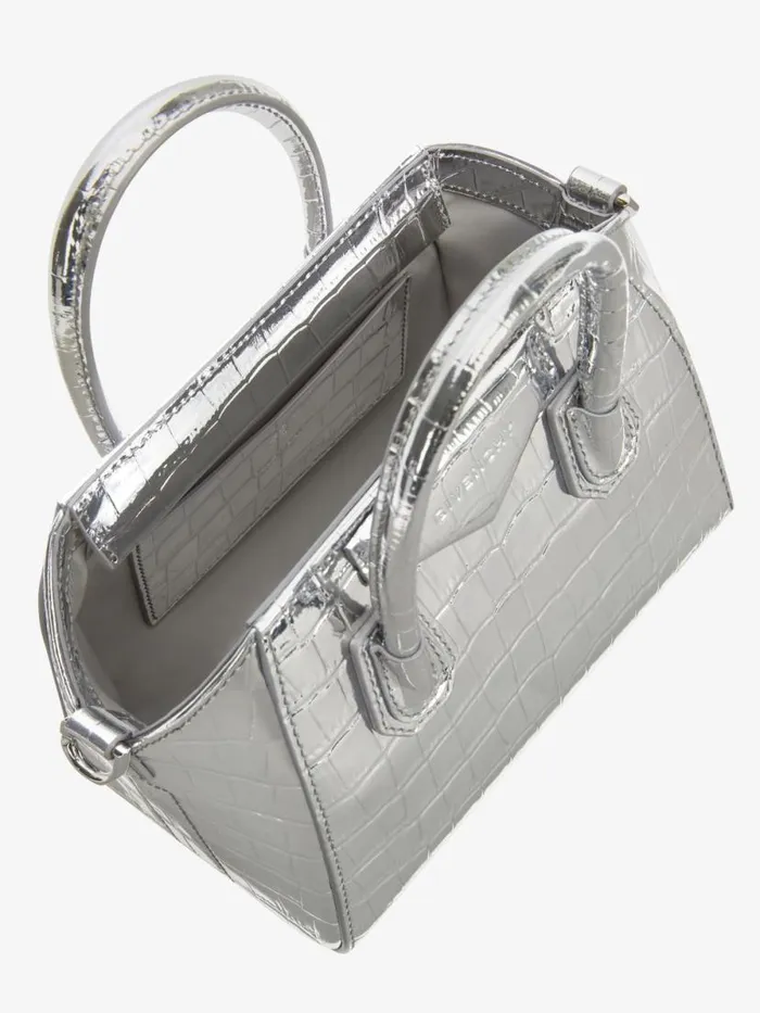 Antigona Toy Bag In Crocodile Effect Leather Light Silvery Women Givenchy Micro Bags