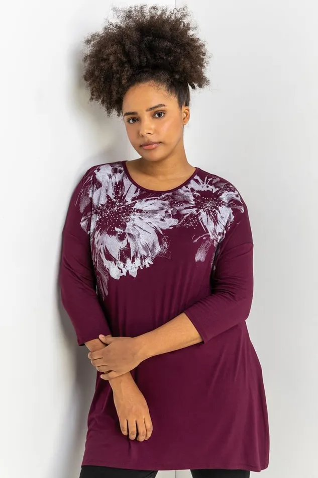 Aubergine Curve Floral Embellished Top Women Roman Tops