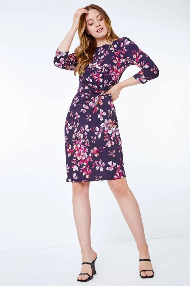 Aubergine Textured Floral Ruched Waist Dress Women Roman Dresses
