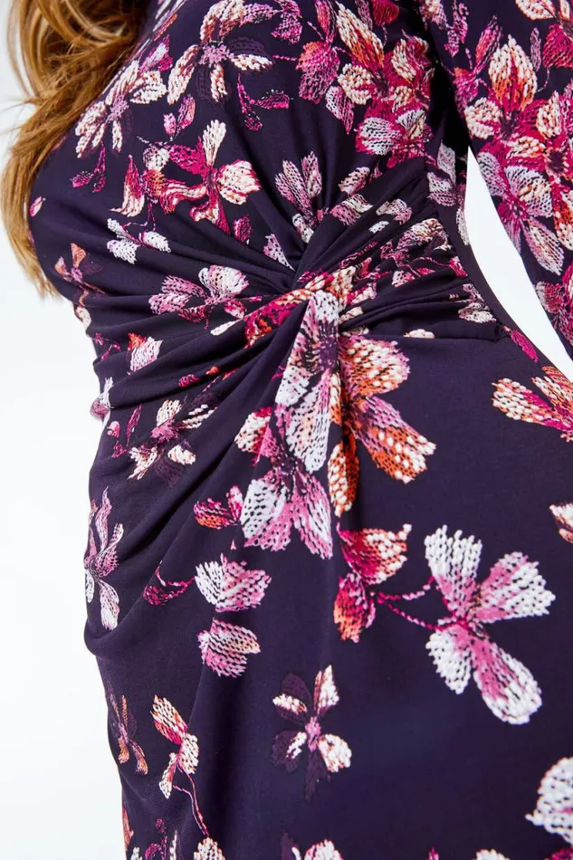 Aubergine Textured Floral Ruched Waist Dress Women Roman Dresses