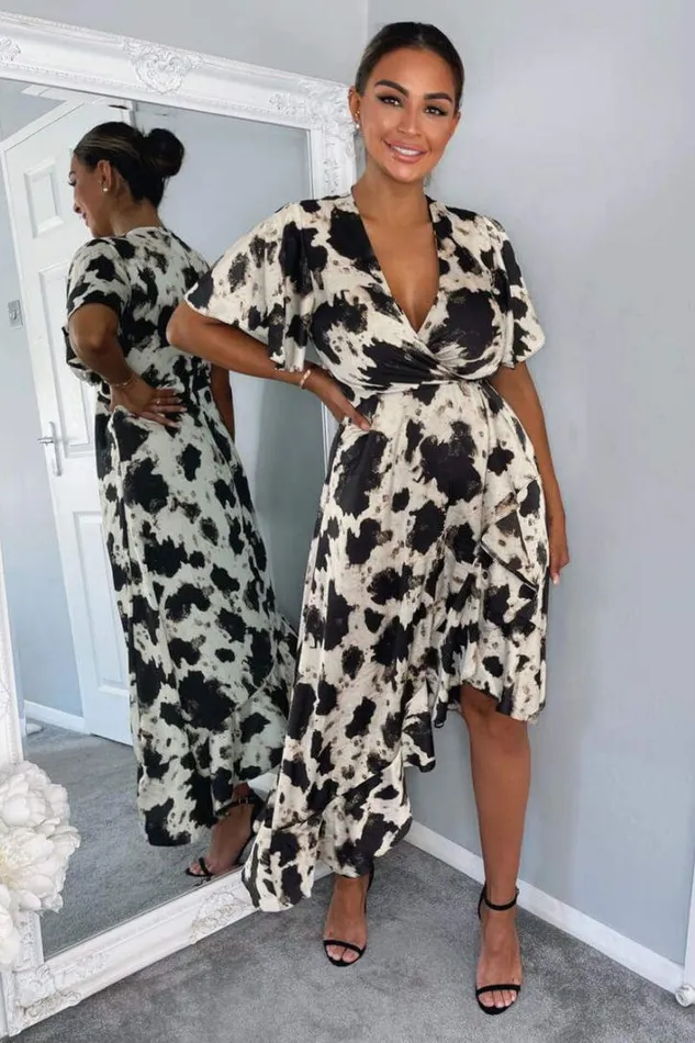 AX Paris Black And Stone Abstract Print Wrap Midi Dress Dresses