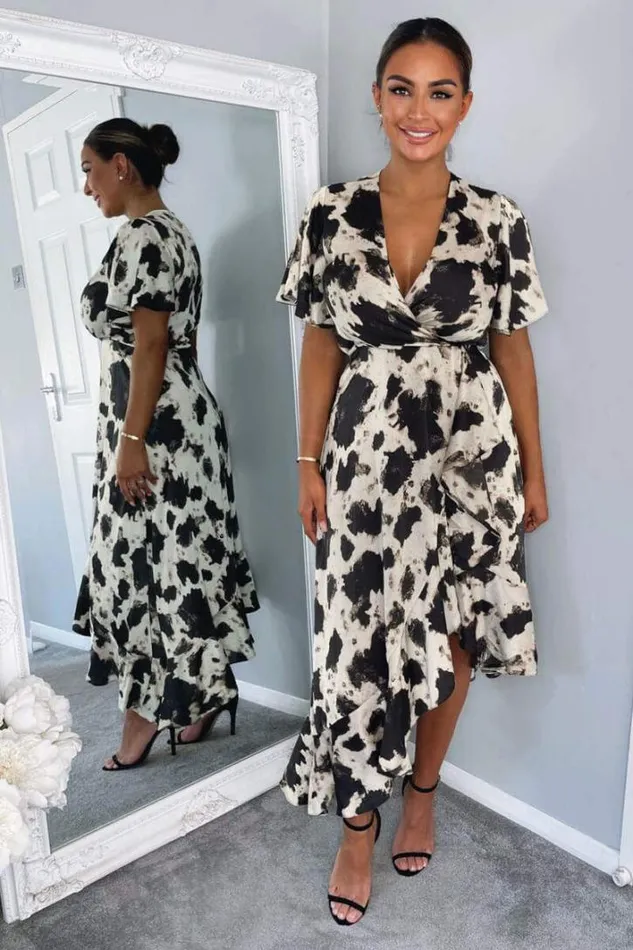 AX Paris Black And Stone Abstract Print Wrap Midi Dress Dresses