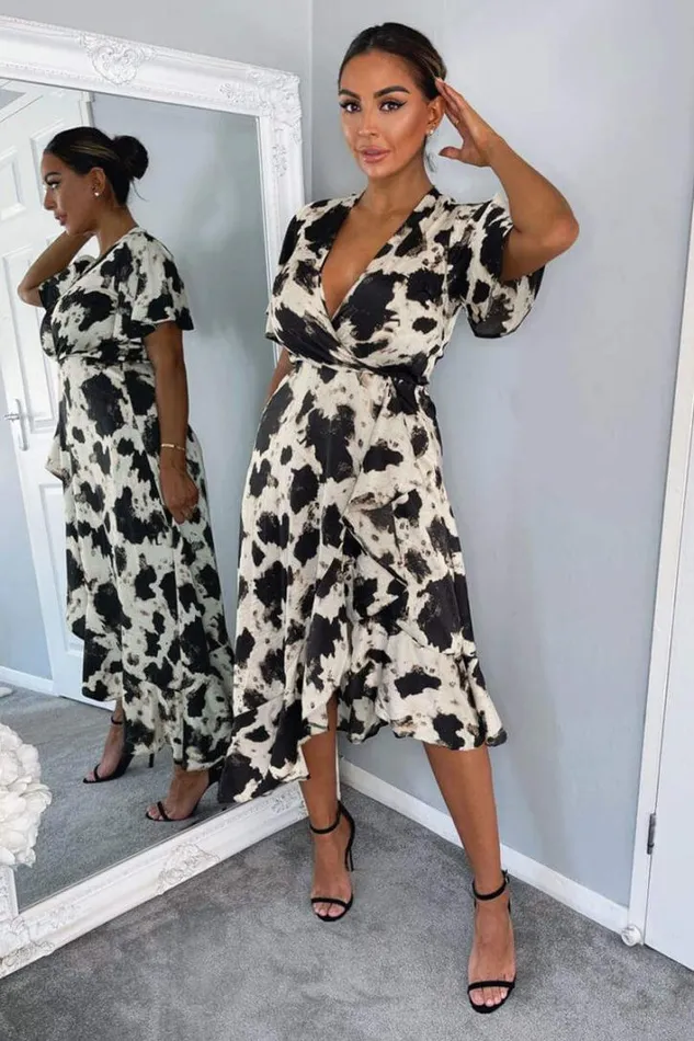 AX Paris Black And Stone Abstract Print Wrap Midi Dress Dresses