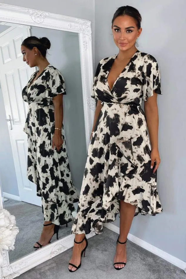 AX Paris Black And Stone Abstract Print Wrap Midi Dress Dresses