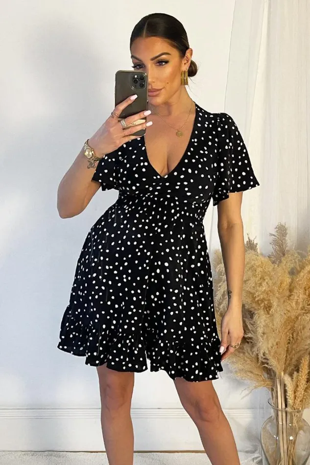 AX Paris Black And White Polka Dot Print Wrap Top Frill Hem Dress Dresses