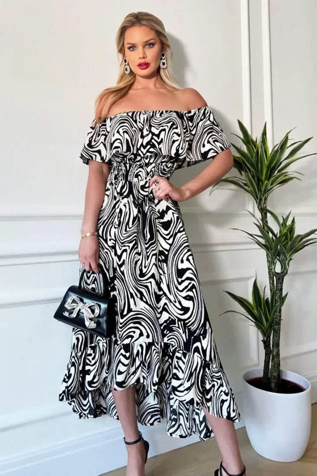 AX Paris Black And White Printed Bardot Style Midi Dress Dresses