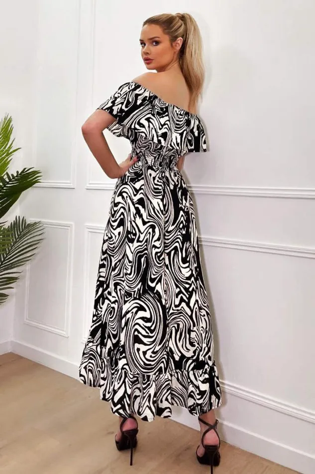 AX Paris Black And White Printed Bardot Style Midi Dress Dresses