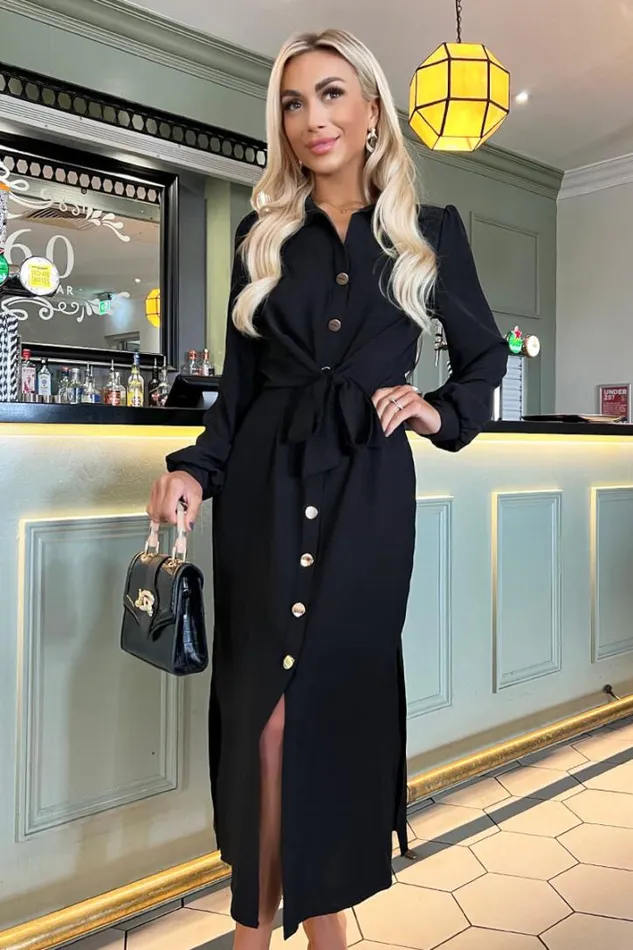AX Paris Black Button Front Tie Midi Shirt Dress Dresses