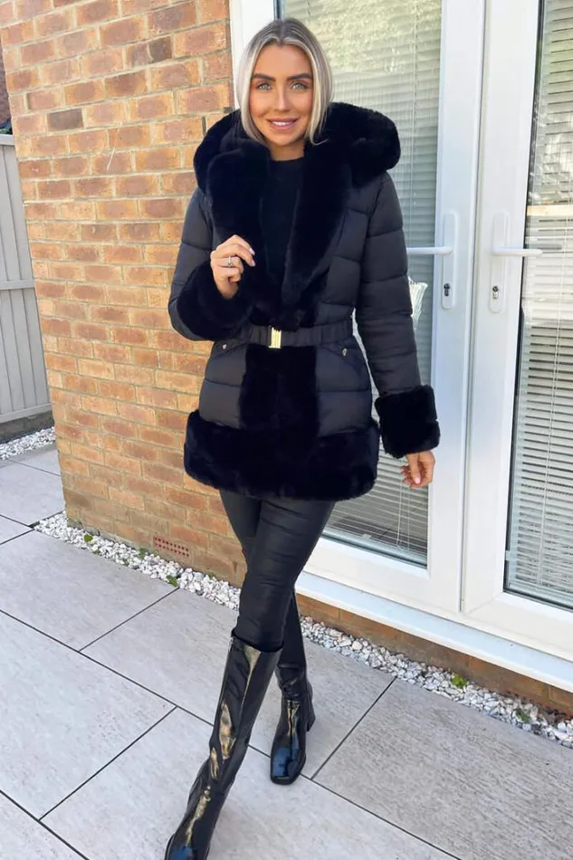 AX Paris Black Faux Fur Trim Belted Jacket Coats and Jackets