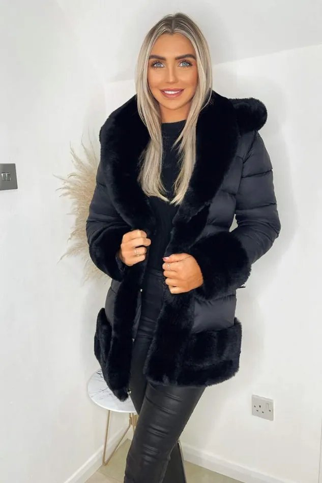AX Paris Black Faux Fur Trim Belted Jacket Coats and Jackets