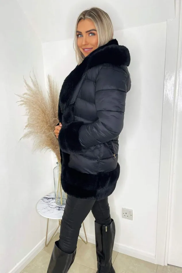 AX Paris Black Faux Fur Trim Belted Jacket Coats and Jackets