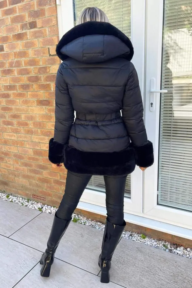 AX Paris Black Faux Fur Trim Belted Jacket Coats and Jackets