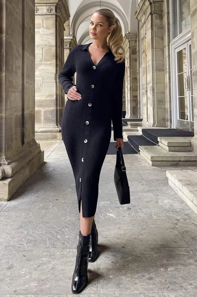 AX Paris Black Knitted Button Front Midi Dress Dresses
