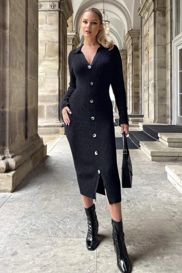 AX Paris Black Knitted Button Front Midi Dress Dresses