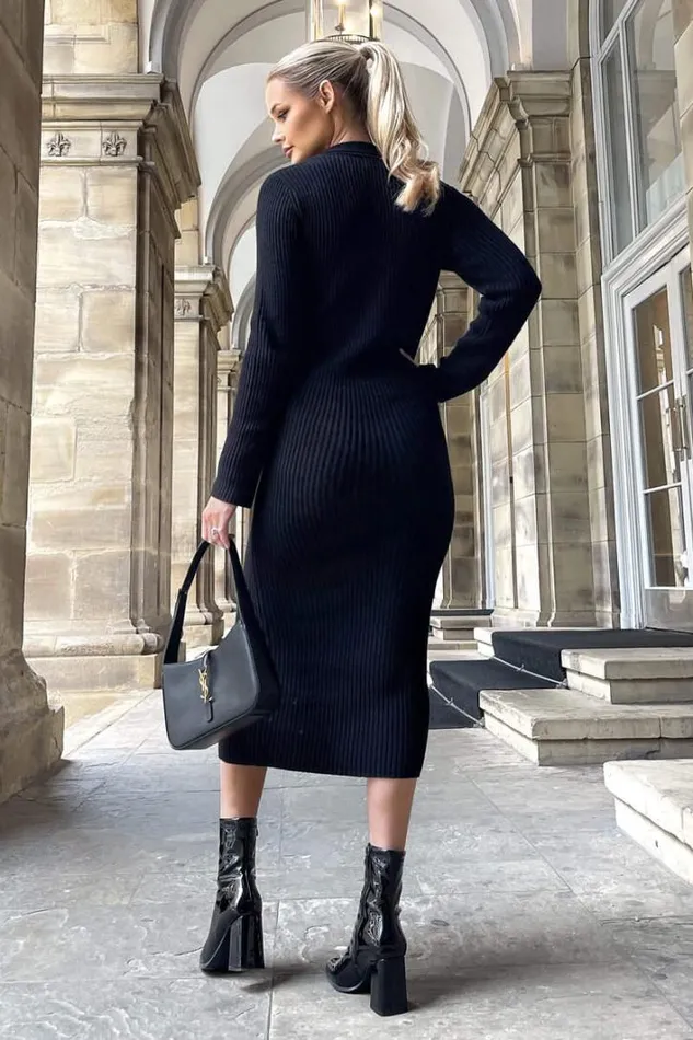 AX Paris Black Knitted Button Front Midi Dress Dresses