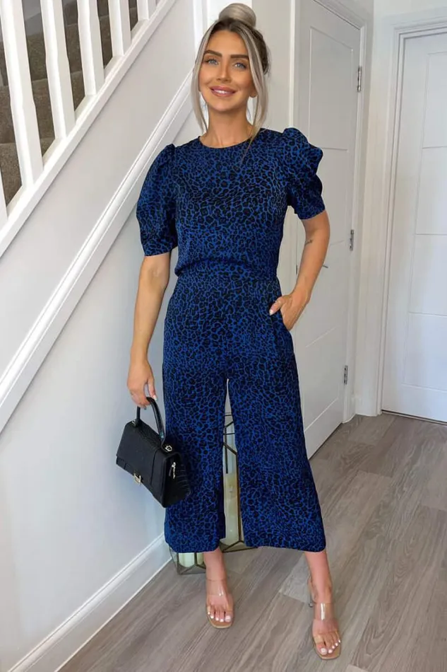 AX Paris Blue Animal Print Puff Sleeve Jumpsuit Jumpsuits And Playsuits