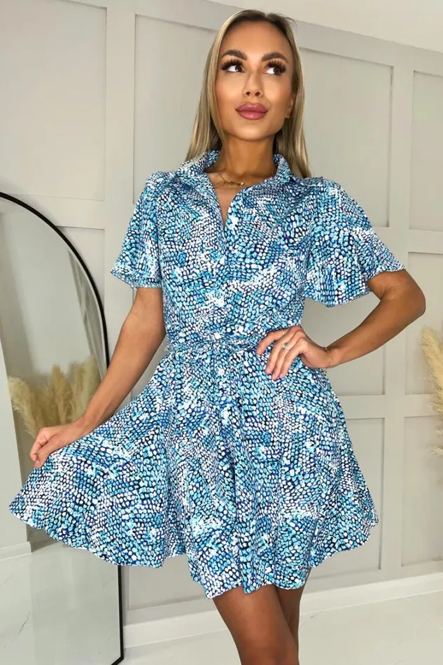 AX Paris Blue Snake Print Mini Tie Waist Shirt Dress Dresses