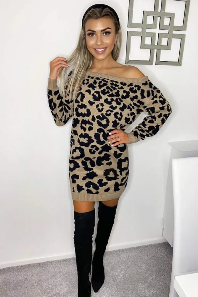 AX Paris Camel Animal Print Off The Shoulder Knitted Dress Knitwear