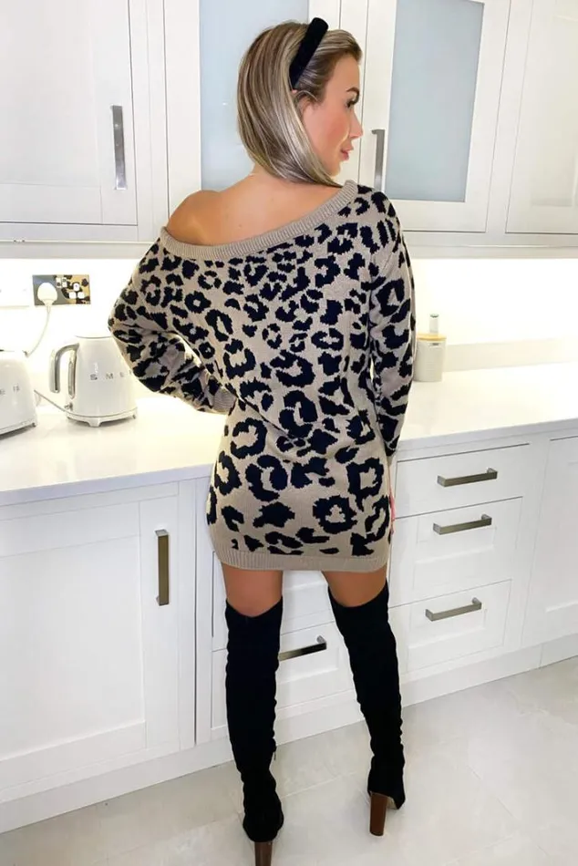 AX Paris Camel Animal Print Off The Shoulder Knitted Dress Knitwear