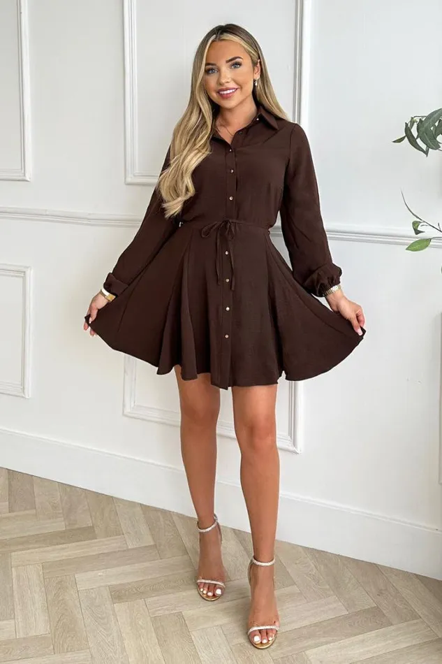 AX Paris Chocolate Long Sleeve Button Front Skater Shirt Dress Dresses