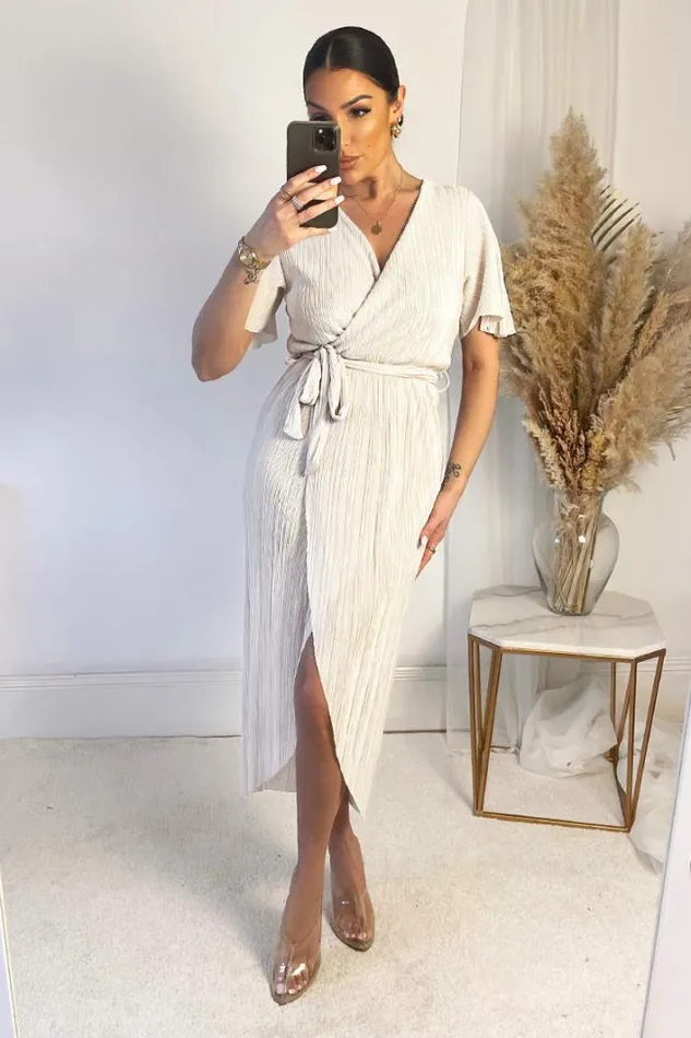 AX Paris Cream Wrap Top Belted Short Sleeve Plisse Midi Dress Dresses