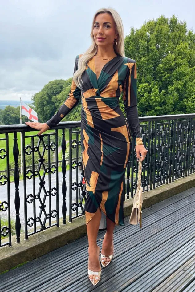 AX Paris Forest Geometric Print Long Sleeve Wrap Midi Dress Dresses