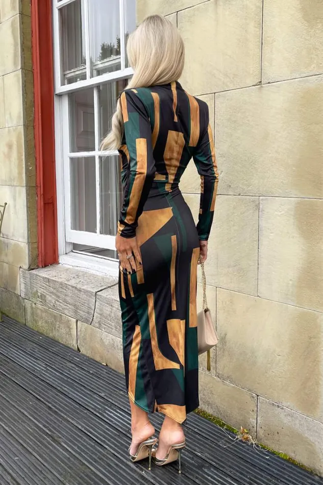 AX Paris Forest Geometric Print Long Sleeve Wrap Midi Dress Dresses