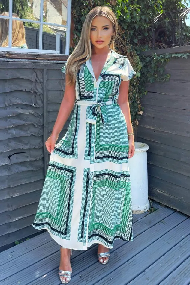 AX Paris Green Printed Tie Waist Button Up Midi Dress Dresses