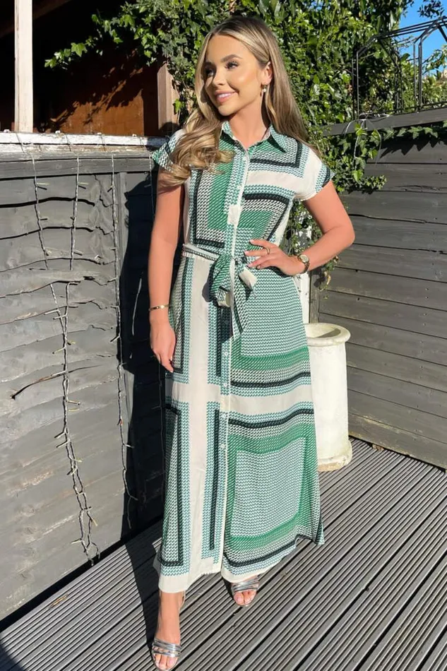 AX Paris Green Printed Tie Waist Button Up Midi Dress Dresses