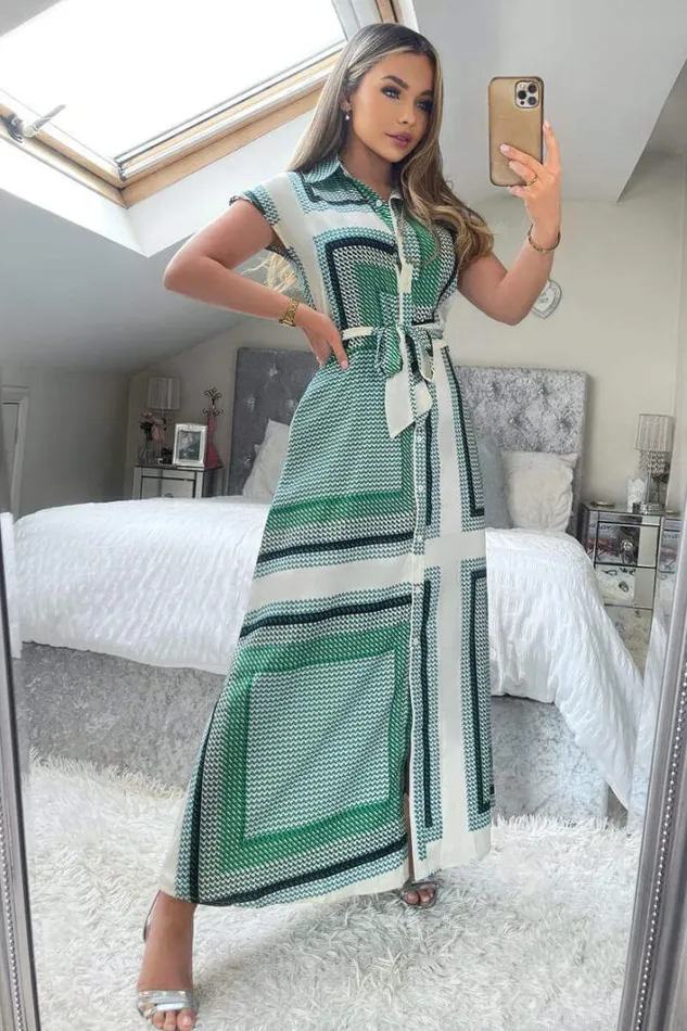 AX Paris Green Printed Tie Waist Button Up Midi Dress Dresses
