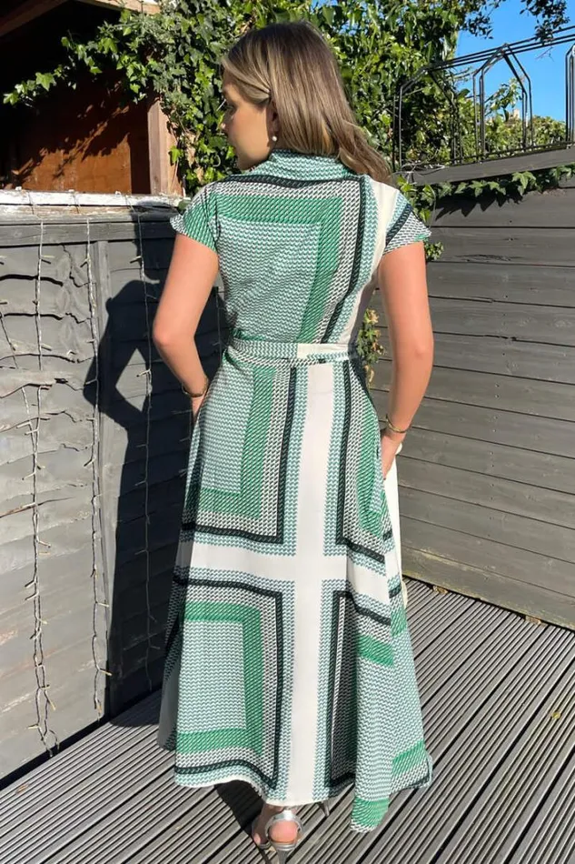 AX Paris Green Printed Tie Waist Button Up Midi Dress Dresses