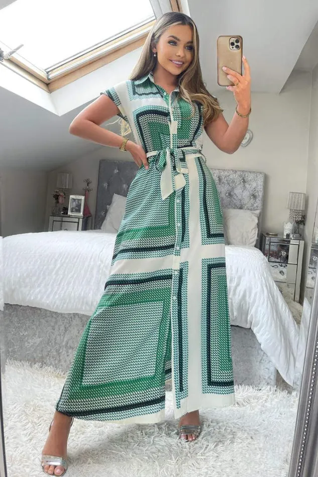 AX Paris Green Printed Tie Waist Button Up Midi Dress Dresses