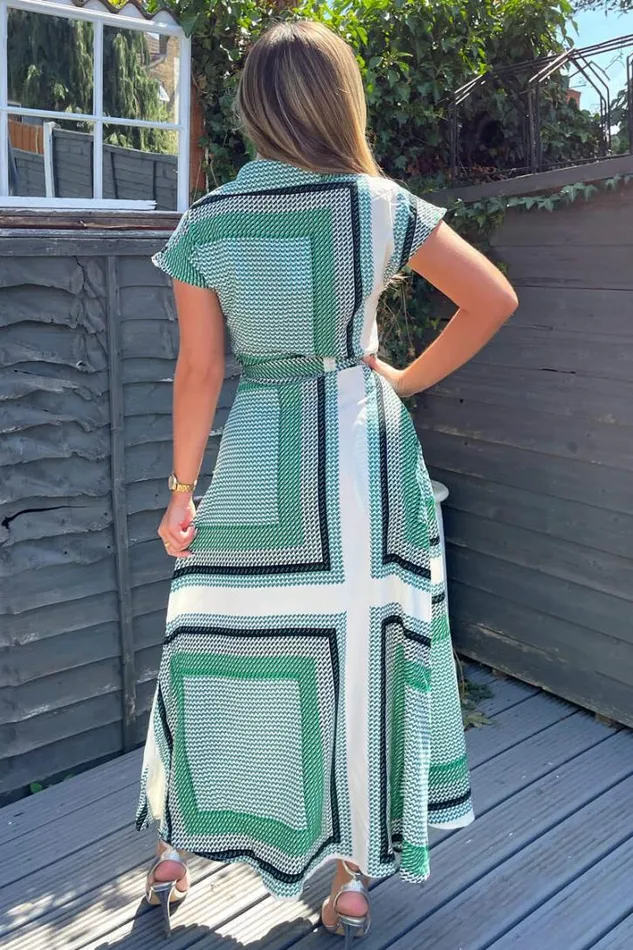 AX Paris Green Printed Tie Waist Button Up Midi Dress Dresses