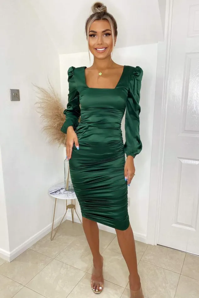 AX Paris Green Satin Square Neck Ruched Dress Occasion Dresses