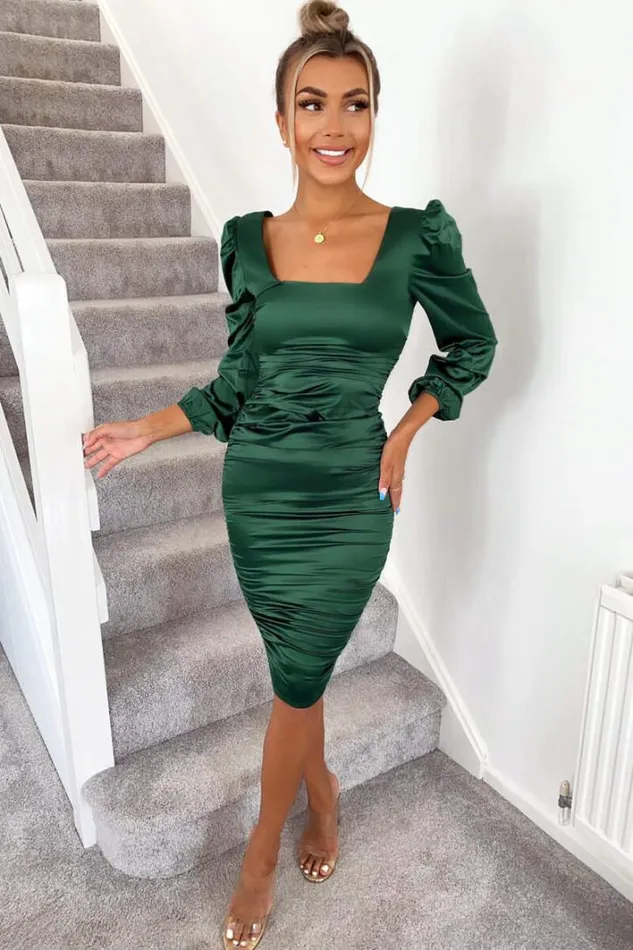 AX Paris Green Satin Square Neck Ruched Dress Occasion Dresses