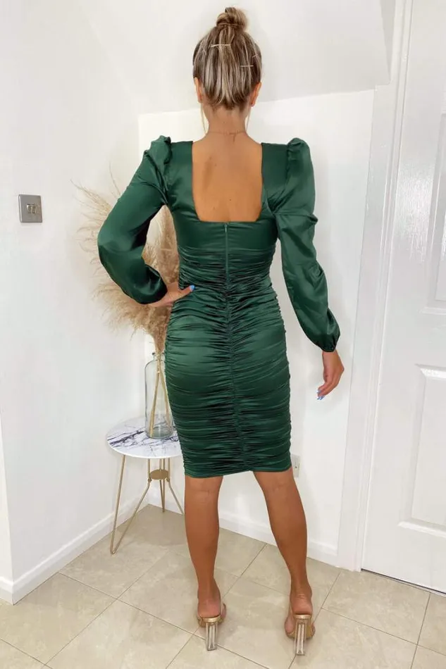 AX Paris Green Satin Square Neck Ruched Dress Occasion Dresses